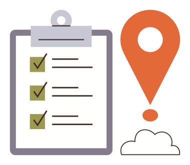 Kontrol listeli pano, turuncu işaret ve küçük bulut. Hedef belirleme, görev yönetimi, organizasyon, planlama, izleme süreci, iş akışı basit düz metafor