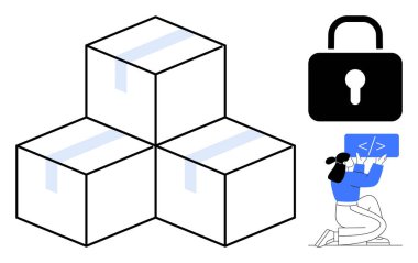 Ekranda kodlayıcı yazma kodu, güvenlik için asma kilit, üç kutu. Kodlama, teknoloji, lojistik, depolama, veri güvenliği, e-ticaret basit iniş sayfası için ideal