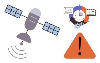 Uydu yayma sinyalleri, grafik ve dişli analitik veri işlemeyi, iletişimi ve sorun çıkarmayı sembolize eder. Uyarı işareti potansiyel risk veya alarmları gösterir. Teknoloji için ideal