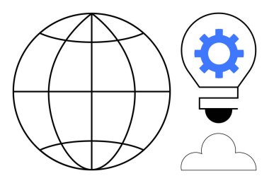 Küresel erişimi temsil eden küre, yenilik ve teknoloji için teçhizatlı ampul ve depolama için bulut. Küresel çözümler, teknoloji, yenilik, çevrimiçi hizmetler, fikirler, veriler için ideal