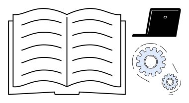 Bilgi, eğitim, dijital öğrenme, takım çalışması, yenilik, problem çözme ve gelişmeyi sembolize eden çizgiler, dizüstü bilgisayarlar ve birbirine kenetlenmiş vitesler içeren açık bir kitap. Eğitim eğitimi için ideal
