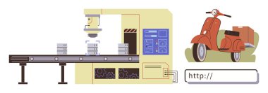 Kırmızı scooter ve dijital URL komut ile birlikte robotik kol, taşıyıcı ve motor parçaları ile fabrika kurulumu. Üretim, otomasyon, lojistik, e-ticaret, yenilik, verimlilik dijital için ideal