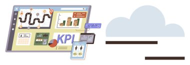 Grafikler, KPI 'ler, veri görselleri ve analitik, performans yönetimi, bulut teknolojisi, dijital araçlar, ilerleme izleme, strateji ve takım çalışmasını gösteren bulut bağlantısına sahip iş paneli