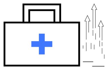 Yükselen oklarla birlikte mavi haçlı sağlık ekipmanları sağlık hizmetleri, iyileşme ve ilerleme taşır. Sağlık, büyüme, yenilik, sağlık, tedavi erişimi, tıbbi gelişmeler için ideal