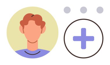 Büyük bir artı tuşunun yanında kırmızı saçlı bir kişinin dairesel profili, işlevsellik eklemek veya yaratmak anlamına gelir. Kişisel hesaplar, iletişim yönetimi, sosyal ağlar ve kullanıcı için ideal