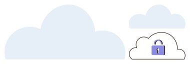 Veri koruması, siber güvenlik, mahremiyet ve çevrimiçi depolamayı gösteren daha küçük kilitli bulutlu büyük bulut. Teknoloji, koruma, internet güvenliği, bulut hesaplaması, veri şifreleme gizliliği için ideal