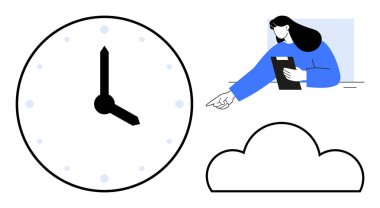 Zaman farkındalığı taşıyan büyük saat, görev tamamlama yolunda el kol hareketi yapan kadın ve teknolojiyi sembolize eden bulut. Üretkenlik, takvim, takım çalışması, teslim tarihleri için ideal