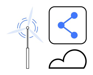Rüzgar türbini enerji üretiyor, bulut çizimi yapıyor ve ikonu paylaşıyor. Basit bir iniş için sürdürülebilirlik, enerji, çevre, teknoloji, yenilik, bağlantı ve dijital çözümler için ideal