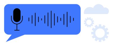 Konuşma balonunda mikrofon ve ses dalgaları, arka planda vites ve bulut. Yapay zeka, otomasyon, teknoloji, iletişim, konuşma süreci, bulut hesaplama modern yenilikler için idealdir. Basit düz