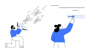 Erkek siber saldırıları kalkanla savuşturur, kadın korunma ayarlarını ayarlar. Siber güvenlik, bilişim savunması, veri güvenliği, sistem kontrolleri, bulut güvenliği, risk yönetimi, basit düz metafor