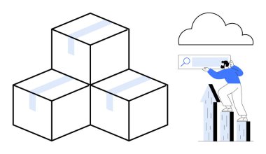 Yığınlanmış kutular veri depolamayı simgeliyor, yukarıda bir bulut, ve çatılarda arama çubuğuyla etkileşime geçen bir insan. Depolama, veri, bulut hesaplama, lojistik, organizasyon ve teknoloji için ideal