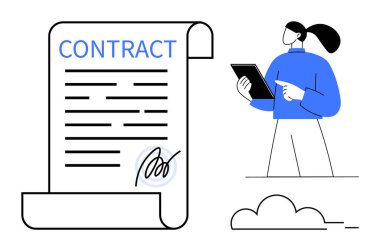 İmzalı büyük bir kontrat tomarı elinde tablet tutan bir kadın ayrıntıları inceliyor. Anlaşmalar için ideal, e-imza, dijital iş akışları, iş onayı, belge yönetimi, yasal uyum, basit