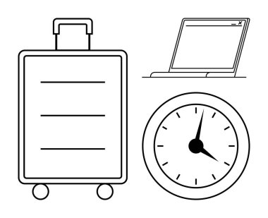 Seyahat planlama, verimlilik ve zaman yönetimi için minimum bavul, saat ve dizüstü bilgisayar. Seyahat programı, iş gezileri, yaşam tarzı, verimlilik teslim tarihleri için ideal.