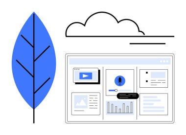 Bir yaprak ve bulut tarafından çerçevelenmiş multimedya içeriğini, analitiği ve ses asistanını gösteren gösterge paneli arayüzü. Dijital pazarlama, teknoloji, sürdürülebilirlik, ekolojik farkındalık, bulut hesaplama için ideal
