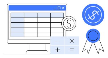 Bilgisayar monitörünün hesap tablosu, bozuk para işareti, finansal semboller ve sertifika kartı. Hesap yönetimi, veri örgütü, mali analiz, e-öğrenme, vergi hesaplaması için ideal