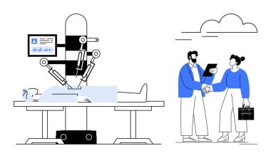 İki profesyonel tartışma ve anlaşmayla uğraşırken, bir hastaya robotik kollar ameliyat yapıyor. Sağlık hizmetleri yeniliği, robot teknolojisi, ekip çalışması, tıbbi robotlar için ideal.
