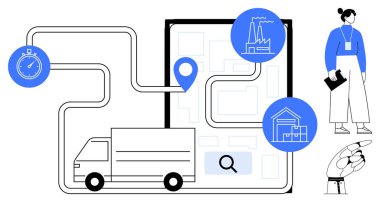 Kargo kamyonu haritalı güzergahta, kronometre, konum kodu, fabrikalar, depo, robot el, profesyonel. Lojistik, tedarik zinciri taşıma endüstrisi teslimat otomasyonu için ideal
