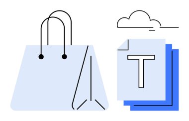Büyük bir alışveriş çantası, T harfi ve bulutlu bir belge yığını. Perakende, çevrimiçi alışveriş, veri depolama, dosya yönetimi, e-ticaret, bulut hizmetleri basit iniş sayfası için ideal