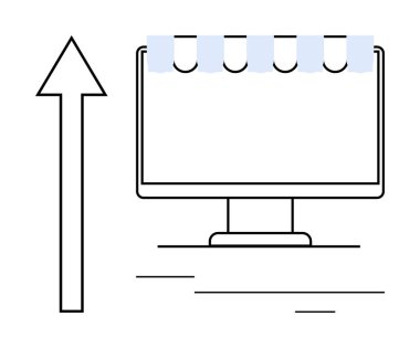 Yükselen okun yanında vitrin güneşliği olan bilgisayar monitörü çevrimiçi mağaza başarısını öneriyor. Ticari büyüme, e-ticaret gelişimi, pazarlama stratejisi, satış eğilimleri, girişimcilik için ideal