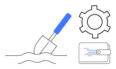 Toprakta kürek, işlem veya otomasyon için teçhizat, finans veya teknoloji için dijital cüzdan. Madencilik, engelleme zinciri, kripto para birimi, yenilik, mühendislik, dijital ekonomi basit iniş sayfası için ideal