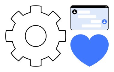 Vites, kullanıcı avatarlarıyla sohbet penceresi ve mavi kalp işbirliği, teknoloji aşkı ve iletişim dengesini öneriyor. Yenilik, takım çalışması, mesajlaşma, otomasyon kullanımı için ideal