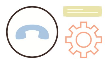 Çemberin içindeki telefon alıcısı, ayarları temsil eden dişli, metin girdisi için yatay blok. İletişim, müşteri hizmetleri, teknik destek, süreç, ayarlar arayüzü ve uygulamalar için ideal. Basit.