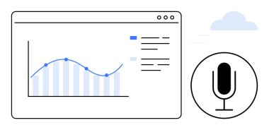 Tarayıcı penceresinde trend çizgisi ve parmaklıkları olan bir grafik, ses kontrolü için mikrofon simgesi. Veri analizi, ses komutu, yapay zeka, teknoloji, ulaşılabilirlik, otomasyon, basit iniş sayfası için ideal