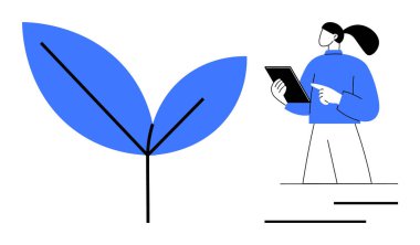 Basit bitki tasarımının yanında tablet kullanan, ekranı gösteren bir iş adamı. Ekoloji, yenilik, büyüme, sürdürülebilirlik, planlama, kişisel gelişim için ideal basit iniş sayfası