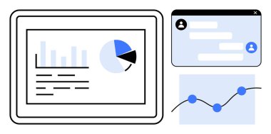 Tablet analitik ekranı, bar tablosu, pasta tablosu ve metin. Chat penceresi ve çizgi trend grafiği. Analiz, işbirliği, iletişim, performans ve teknolojiyle ilgili kararlar için ideal