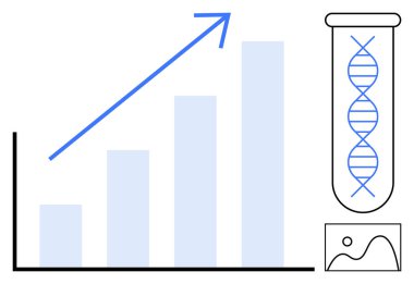 Yukarı doğru ok çizelgesi, test tüpünde DNA ipliği, mikrograf ilerleme ve analiz öneriyor. Bilim, yenilik, araştırma, biyoteknoloji, analitik veri büyümesi için idealdir. Basit düz metafor