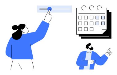 İki kişi bir takvim ve kaydırma ile etkileşime giriyor, etkin organizasyonu sembolize ediyor, planlama, takım çalışması, üretkenlik, zaman yönetimi ve karar verme. İş için ideal