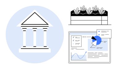 Finansal analitik ekranı ve sürdürülebilir tarım tesisleri olan hükümet binası sembolü. Yönetim, finans, tarım, sürdürülebilirlik, yatırım, politika oluşturma, basit iniş için ideal