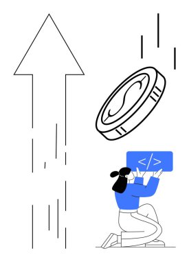 Kadın kodlama paneli tutuyor, büyük para yükseliyor, ve yukarı doğru ok büyüme, yenilik ve teknolojiyi temsil ediyor. Finans, girişimler, kodlama, dijital dönüşüm yatırımı için ideal