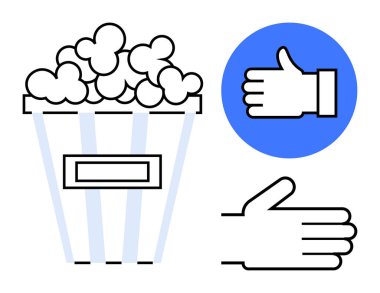 Patlamış mısırla dolup taşan patlamış mısır kovası, mavi çember ve özet şeklinde sosyal başparmaklar. Eğlence, sinema, onay, geri bildirim, boş zaman, sosyal medya, basit iniş sayfası için ideal