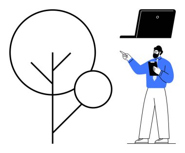 Takım elbiseli minimalist adam elinde panoyla sunum yapıyor, şekillendirilmiş ağaç diyagramına işaret ediyor. Yenilik ve eğitim için dizüstü bilgisayar içeriyor. Sürdürülebilirlik, öğretim, teknoloji, çevre, strateji için ideal