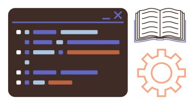 Renkli kod satırlarıyla koyu kodlama arayüzü, açık bir kitap ve programlama, öğrenme, takım çalışması, yazılım geliştirme, beceri geliştirme ve işlem optimizasyonunu vurgulayan bir dişli. İdeal