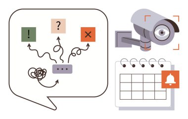 Karışık yolları olan konuşma balonu, gözetlemeyi sembolize eden kamera ve alarm ikonlu takvim. Planlama, zaman yönetimi, gözetim, karar verme, iş akışı, programlama için ideal