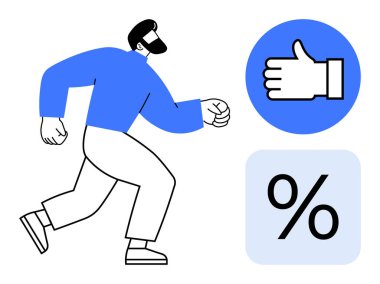 Hareket halindeki adam ilerlemeyi sembolize ediyor. Baş parmaklar ve yüzde simgeleri eşleşiyor. İş büyümesi, satış analizi, başarı motivasyonu, müşteri geribildirimi, çevrimiçi katılım, kariyer geliştirme için ideal