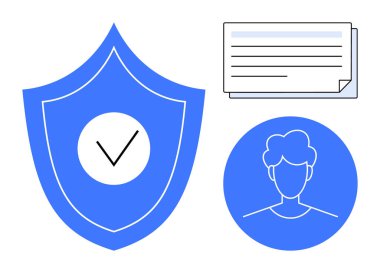 İşaretli bir kalkan, profil simgesi ve veri güvenliğini, kimlik doğrulamasını, gizlilik korumasını temsil eden belge taslağı. Siber güvenlik, kimlik doğrulama, uyum ve güven için ideal