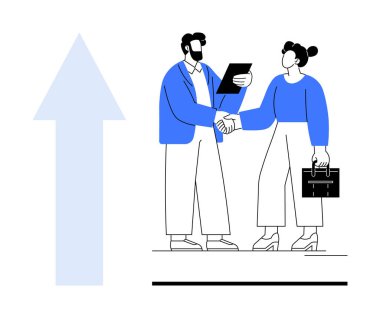 İki iş adamı el sıkışıyor, yukarı doğru bir okun yanında bir dosya ve evrak çantası tutuyorlar. İşbirliği, takım çalışması, büyüme, iş anlaşmaları, başarı, ilerleme anlaşması için ideal. Temiz