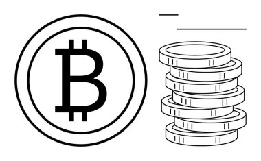 Dikey olarak istiflenmiş paraların yanında kalın B sembollü Bitcoin logosu. Kripto para birimi, engelleme zinciri, dijital finans, yatırımlar, para, yenilik ve teknoloji için ideal. Minimalist basit düz metafor