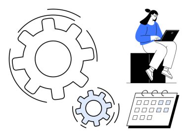 Geniş vitesler, bir takvim ve dizüstü bilgisayarla oturan bir kadın organizasyon, planlama, takım çalışması ve verimliliği akla getiriyor. Çalışma akışı, yönetim, planlama takım çalışması verimliliği için ideal