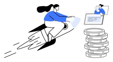 Bozukluklara doğru bireysel binici roketi, dijital tablet üzerindeki etkileşimle eşleşen büyüme veya ilerlemeyi gösterir. Yenilik, başarı, girişimcilik, yatırım, teknoloji, hedef belirleme için ideal