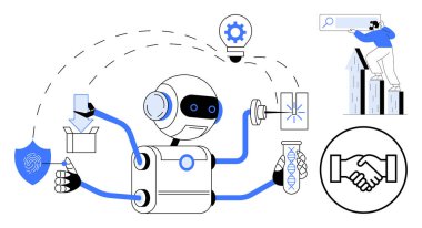Robot görevlerini yerine getirirken veri analizi, güvenlik, DNA araştırması ve ambalajı başarıyla tamamladı. Otomasyon için ideal, yapay zeka, yenilik, teknoloji biyoteknoloji ekip çalışması büyümesi. Basit düz