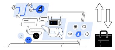 Robot sohbet robotu mesajları, kullanıcı profillerini ve dizüstü bilgisayardaki görevleri ele alır. Mutlu yüzler duygularını ifade eder. Otomasyon, teknoloji, işyeri verimliliği, yapay zeka, müşteri destek işi için ideal