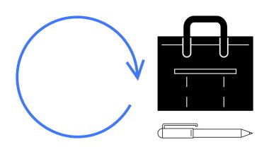 Dairesel bir ok, evrak çantası ve çalışma döngüsünü, ofis görevlerini ve kariyer yönetimini sembolize eden kalem tasarımı. İş için ideal, süreç planlaması, üretkenlik, iş akışı kariyeri