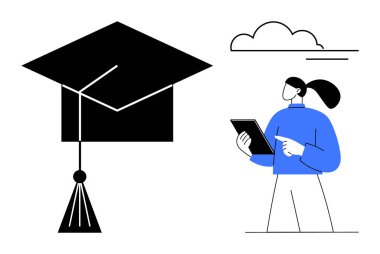 Siyahi bir mezuniyet şapkasının minimalist tasarımı. Bulutların altında kitap okuyan bir öğrenciyle birlikte. Eğitim, e-öğrenim, başarı, modern öğrenme, kariyer, dijital bilgi, basit iniş