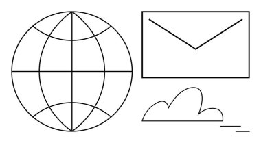 Küre, zarf ve bulut dünya çapında dijital iletişimi, bulut depolama ve e-posta hizmetlerini temsil ediyor. Bağlantı, ağ, teknoloji, işbirliği, küreselleşme bilişim çözümleri için ideal