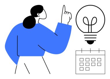 Mavi elbiseli kadın aydınlanmış bir ampul ve takvime doğru hareket eder, beyin fırtınası, yenilik, organizasyon ve stratejik planlama yapar. Yaratıcılık, programlama, üretkenlik, takım çalışması için ideal