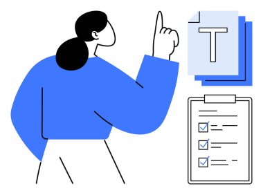 Metin dosya simgeleri yığınına doğru hareket eden bir kadın, işaretli öğelerle kontrol listesi. Organizasyon, üretkenlik, iş akışı, belgeler, görev yönetimi, hedef izleme, basit iniş sayfası için ideal